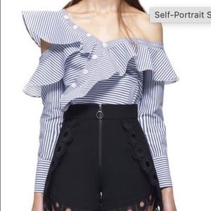 Self Portrait Striped Asymmetric Ruffle Blouse